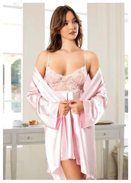 Göğüs Dantelli İnce Askılı Gecelik Uzun Kollu Saten Sabahlık Takımı Miss Laris 5057