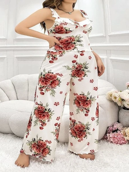 Güllü Çiçekli Desenli Beyaz Askılı Büyük Beden Kadın Pijama Takım Pink Night 6901