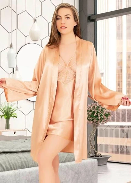 İnce Askılı Saten Gecelik Uzun Geniş Kollu Sabahlık Takımı Miss Laris 5049