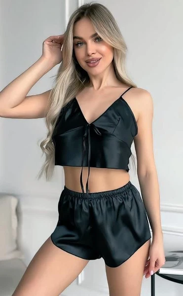 İnce Askılı Saten Göğüs Büzgülü Mini Fantazi Şort Takım NightLight 3793