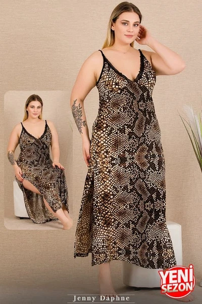 İnce Askılı Yılan Desenli Yırtmaçlı Büyük Beden Uzun Elbise Lady 7285
