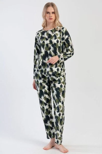 Kadın Pijama Takımı Yeşil Siyah Fırça Desenli Vienetta K312102