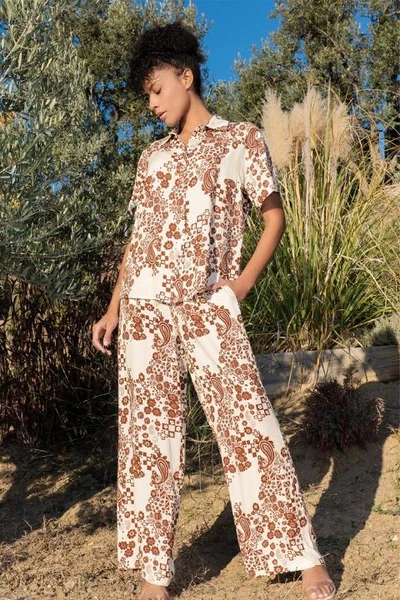 Kısa Kollu Desenli Bej Kadın Pijama Takımı Vienetta K409276