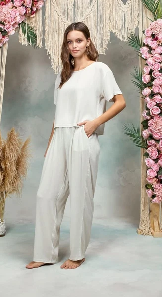 Kadın %100 Viskon Taş Rengi Şalvar Pantolon T-Shirt Pijama Takımı Doreanse 25Y4071