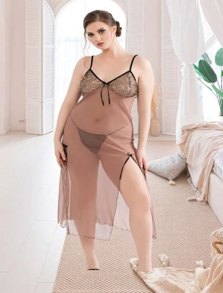 Kahverengi Tül Büyük Beden Seksi Gecelik Real Passione 6314