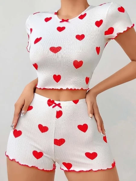 Kalp Desenli Beyaz Şort Takım Lily Bianca 13023