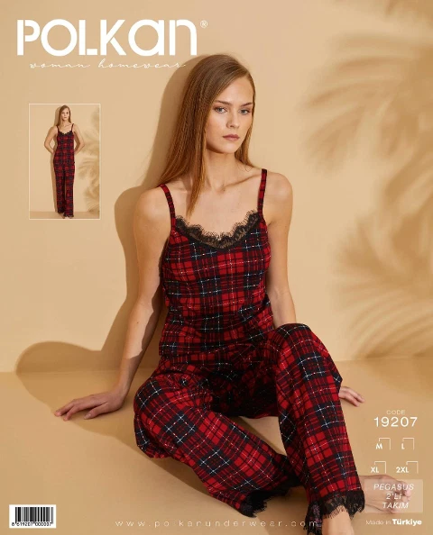 Kareli Bordo Dantel Askılı Pegasus Pijama Takım Polkan 19207