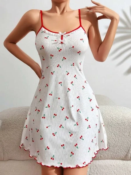 Kiraz Desenli Askılı Mini Gecelik Lily Bianca 13032