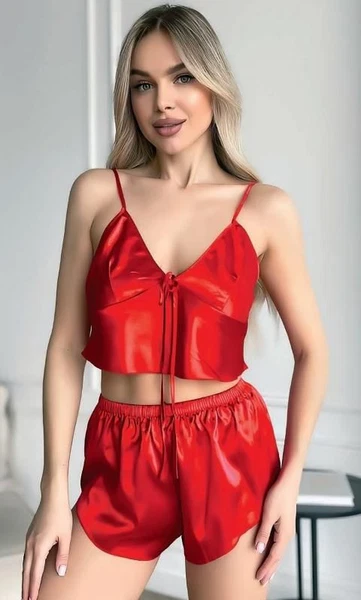Kırmızı Göğüs Büzgülü Mini Fantazi Saten Şort Takım NightLight 3793-1