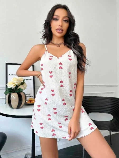 Kırmızı Kalp Desenli Askılı Beyaz Gecelik Lily Bianca 13030