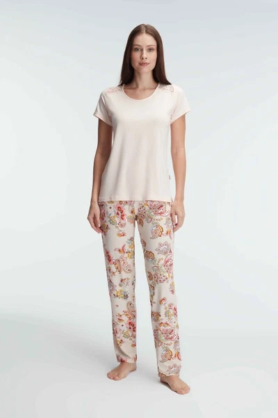 Kısa Kol Bisiklet Yaka Kadın Viskon Çiçek Desenli Yazlık Örme Dantel Detaylı Pijama Takımı Anıl 9878