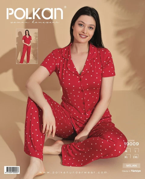 Kısa Kollu Pijama Takım Kırmızı Yıldız Desenli Viskon V Yaka Gömlek Polkan 19090