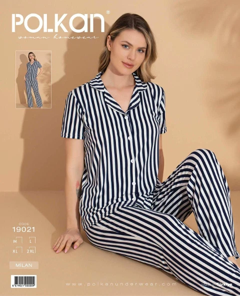 Kısa Kollu Pijama Takım Lacivert Beyaz Çizgili Viskon V Yaka Gömlek Polkan 19021