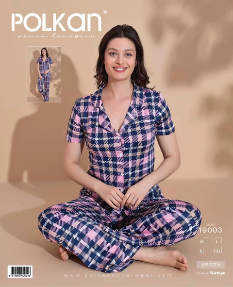 Kısa Kollu Pijama Takım Lacivert Kareli Viskon V Yaka Gömlek Polkan 19003