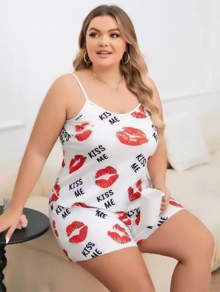 Kiss me Askılı Büyük Beden Kadın Şort Pijama Takım Lily Bianca 13068