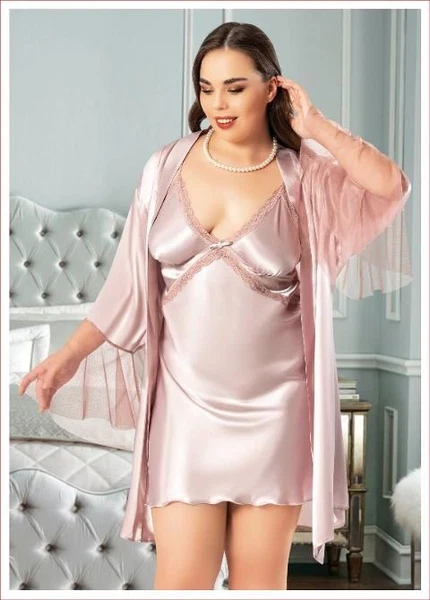 Kolları Tüllü Saten Büyük Beden Saten Gecelik Sabahlık Takımı Miss Laris 6014