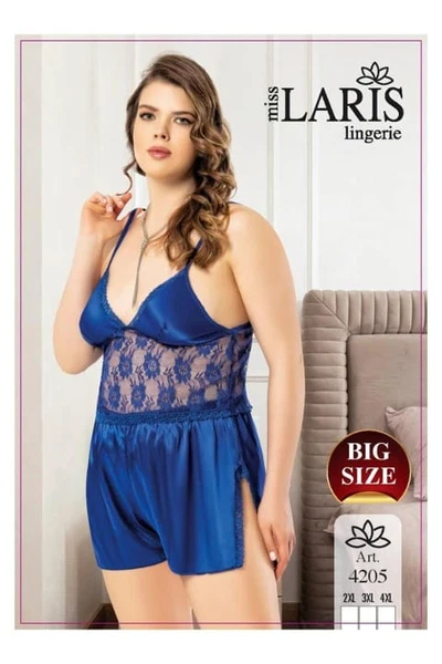 Lacivert Büyük Beden Dantel İşlemeli Saten Şort Takım Miss Laris 4205