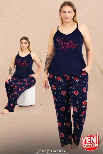 Lacivert Çiçek Desenli İnce Askılı Büyük Beden Pijama Takımı Lady 11019