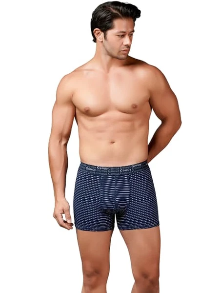 Lacivert Geniş Bel Lastikli Likralı Erkek Çizgili Boxer Gümüş 3114