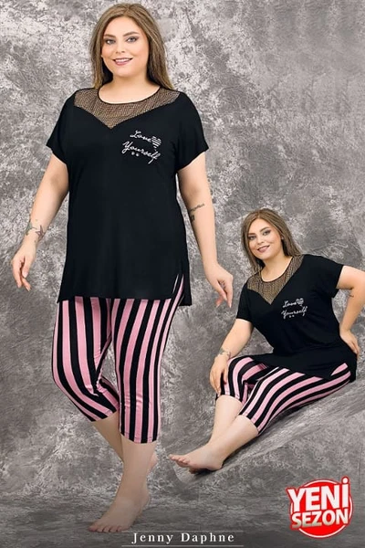 Lady Büyük Beden Çizgili Tül Yaka Kısa Kollu Kapri Pijama Takımı Lady 10719