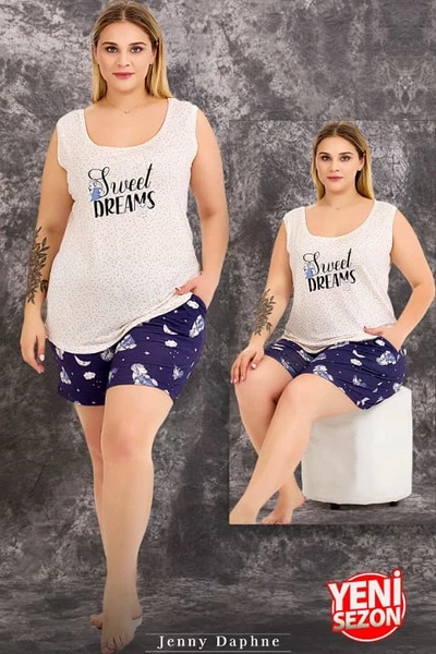 Lady Büyük Beden Gece Desenli Kısa Kollu Kollar Dantelli Şortlu Pijama Takımı 10423