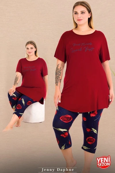Lady Büyük Beden Kırmızı Desenli Kısa Kollu Kapri Pijama Takımı Lady 10720