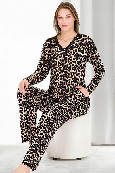 Leopar Desenli Dantel Yaka Viskon Uzun Kollu Pijama Takımı Lady 11650