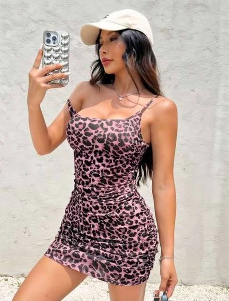 Leopar Fuşya Desenli Askılı Mini Seksi Elbise Real Passione E1044