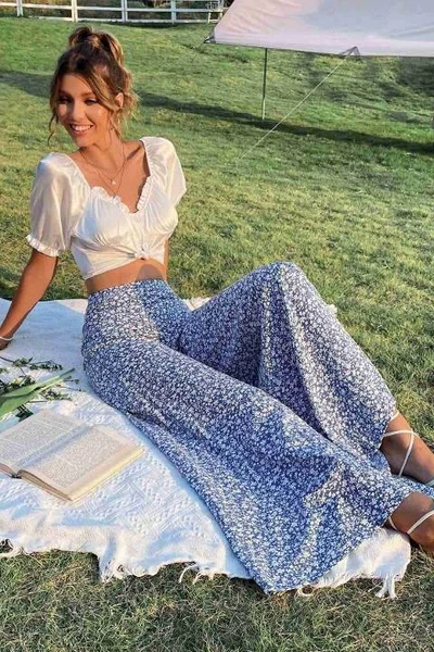 İspanyol Paça Çiçek Desenli Yüksek Bel Dokuma Pantolon Merry See 4599