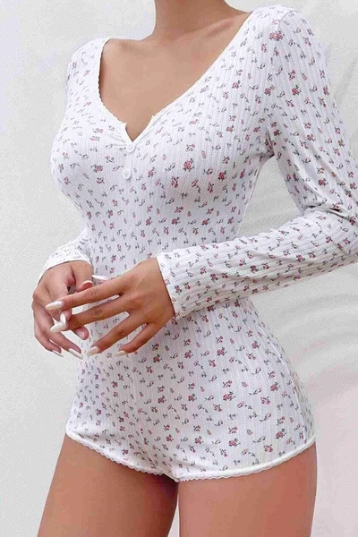 Merry See Çiçek Desenli Tasarım Tulum Gecelik Body Çok Renkli MS 2366