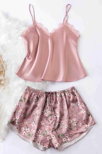 Dantel İşlemeli Çiçek Desenli Pembe Şort Pijama Takımı Merry See MS3260