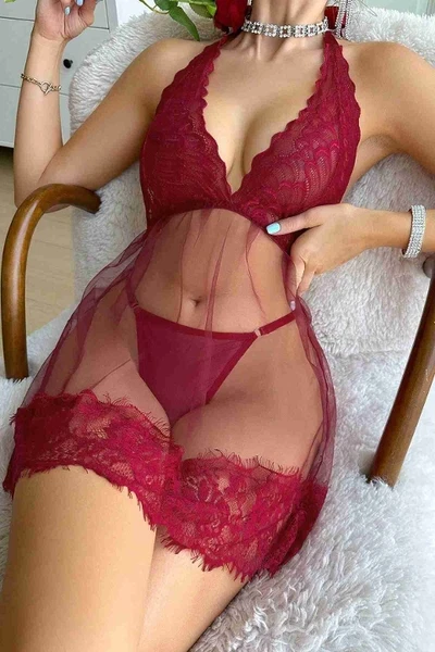 Dantelli Transparan Tangalı Gecelik Takım Kırmızı Merry See MS4015 Kırmızı