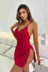 Dantelli Yanlardan Derin Yırtmaçlı Gecelik Kırmızı Merry See MS2394 Kırmızı