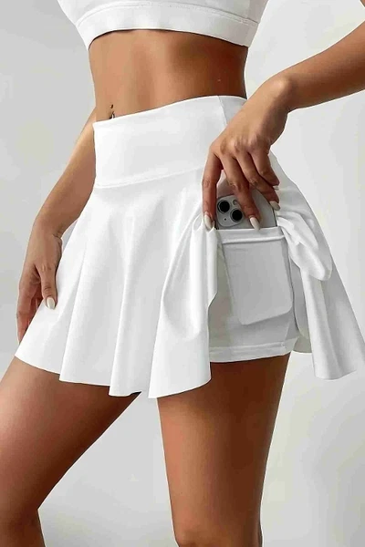 Esnek Likralı Bol Kesim Cepli Taytlı Sporcu Şort Etek Tenis Eteği Merry See MS7119 Beyaz