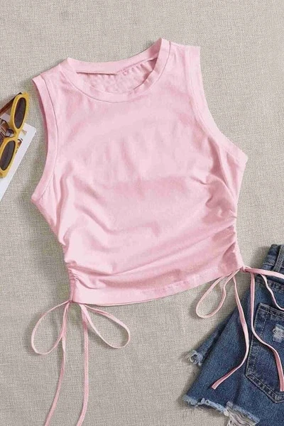 Yanları Büzgülü Kolsuz Bluz Crop Top Atlet Pembe Merry See MS3903