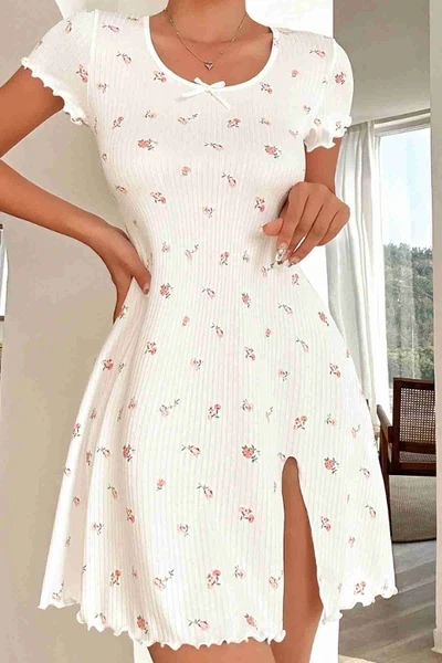 Yırtmaçlı Kısa Kollu Pijama Gecelik Beyaz Merry See MS4022 Beyaz