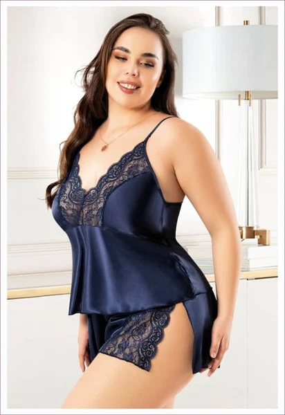 Lacivert Büyük Beden Kadın Saten Şortlu Takım Miss Laris 4243