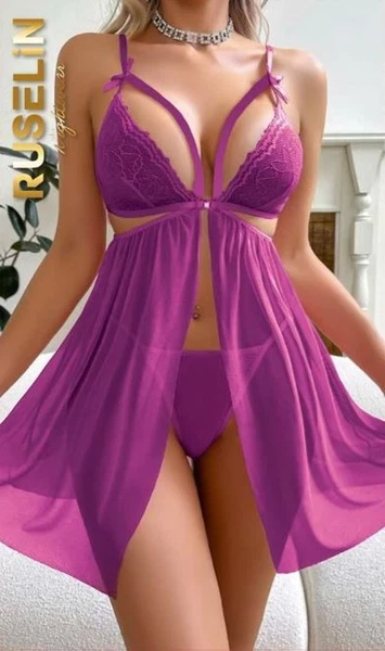 Mor Tül Dantelli İp Detaylı Kısa Fantezi Gecelik Ruselin 2190