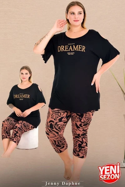 Omuz Dekolteli Büyük Beden Desenli Bisiklet Yaka Kısa Kollu Kapri Pijama Takımı Lady 10733