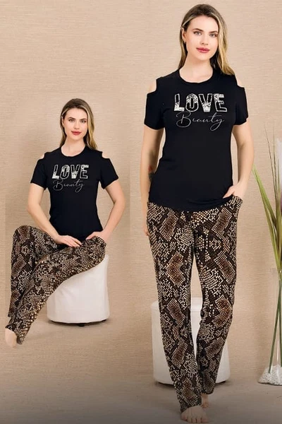 Omuzları Açık Bisiklet Yaka Kısa Kollu Desenli Pijama Takımı Lady 12664
