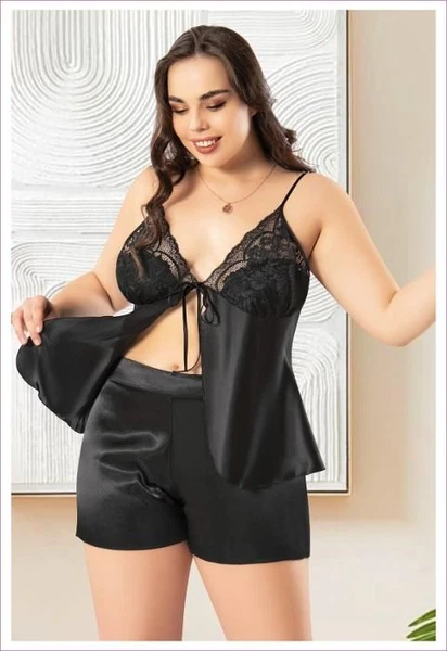 Önden Bağlamalı Büyük Beden İnce Askılı Saten Şort Pijama Takım Miss Laris 4241