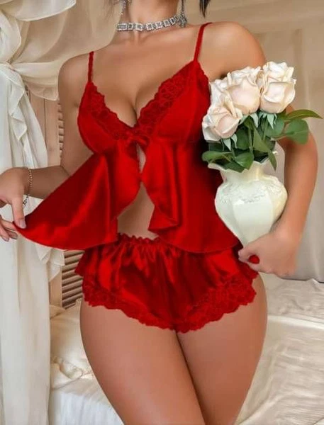 Önü Açık Kırmızı Dantelli Saten Şort Takım Real Passione 1110