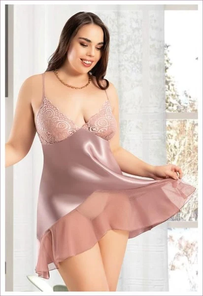 Önü Transparan Asimetrik Kesim Saten Büyük Beden Gecelik Miss Laris 4046