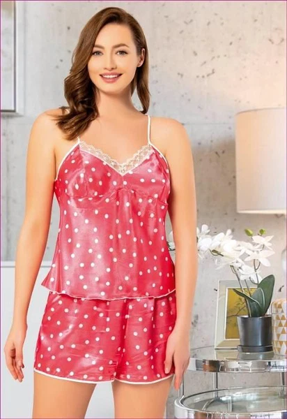 Puantiyeli İnce Askılı Pembe Saten Şort Takım Miss Laris 4208