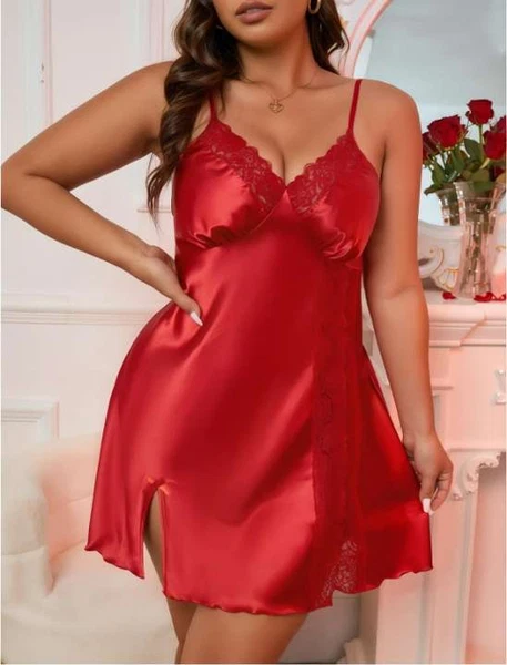 Saten Kırmızı Askılı Mini Büyük Beden Seksi Gecelik Real Passione 11012