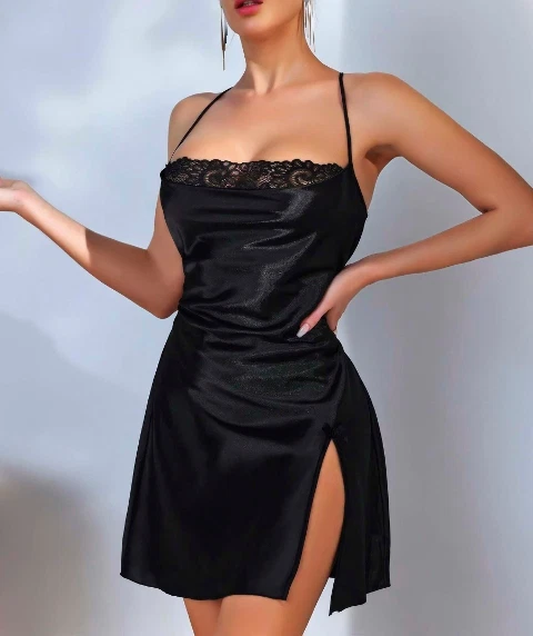 Sırt Dekolteli Çapraz Bağlamalı Saten Fantazi Gecelik Lily Bianca 452