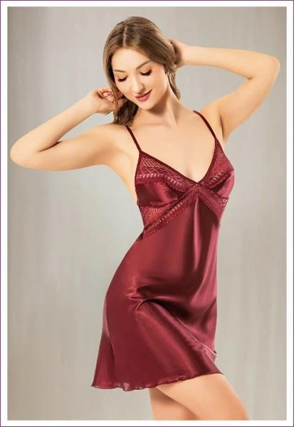 Sırtı Çapraz Askılı Bordo İnce Askılı Saten Gecelik Miss Laris 2142