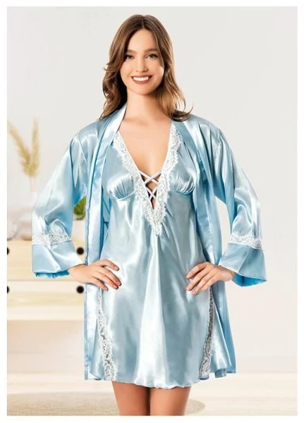 Sırtı Çapraz Askılı Dantelli Gecelik Uzun Kollu Saten Sabahlık Takımı Miss Laris 5073