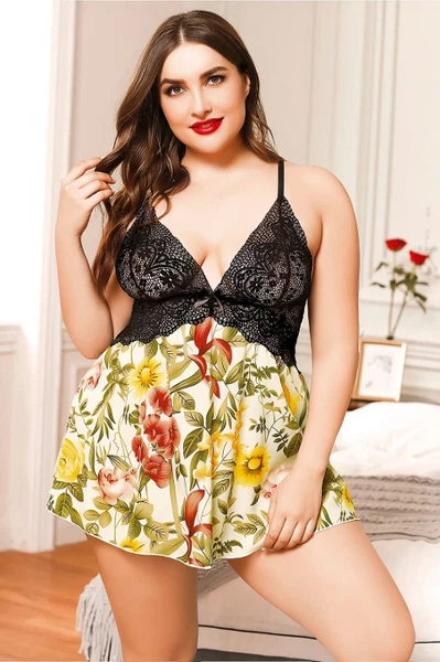 Siyah Dantel Büstiyerli Çiçekli Fantazi Büyük Beden Gecelik Pink Night 6608