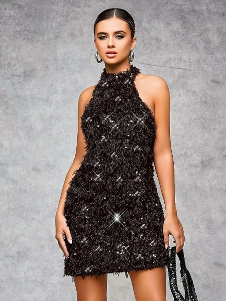 Siyah Gümüş Işıltılı Dekolteli Seksi Kulüp Midi Elbise Pink Night 1116